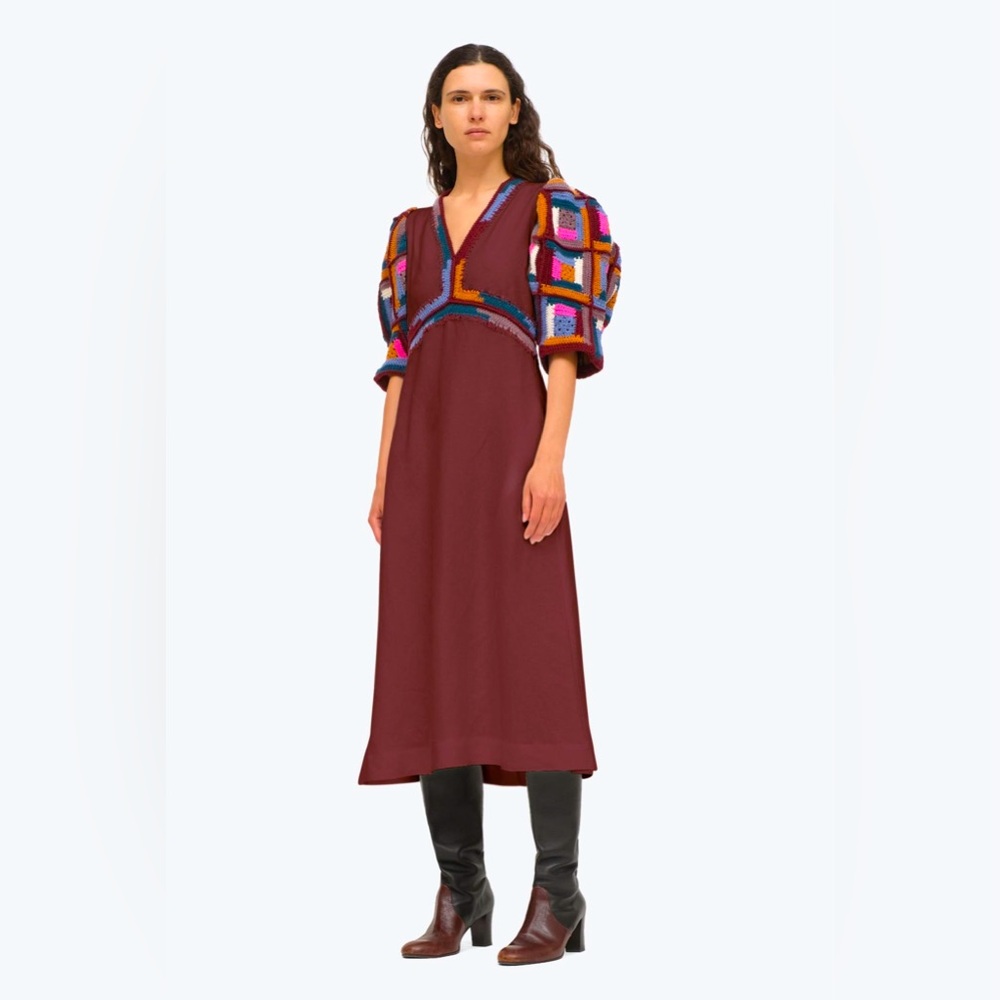 SEA New York Camryn Linen Blend Dress with Crochet Sleeves Large